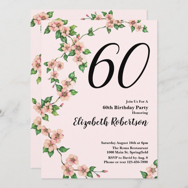 Blommigt 60:e födelsedagsinbjudan till  Rosa Inbjudningar (Fram/baksida)