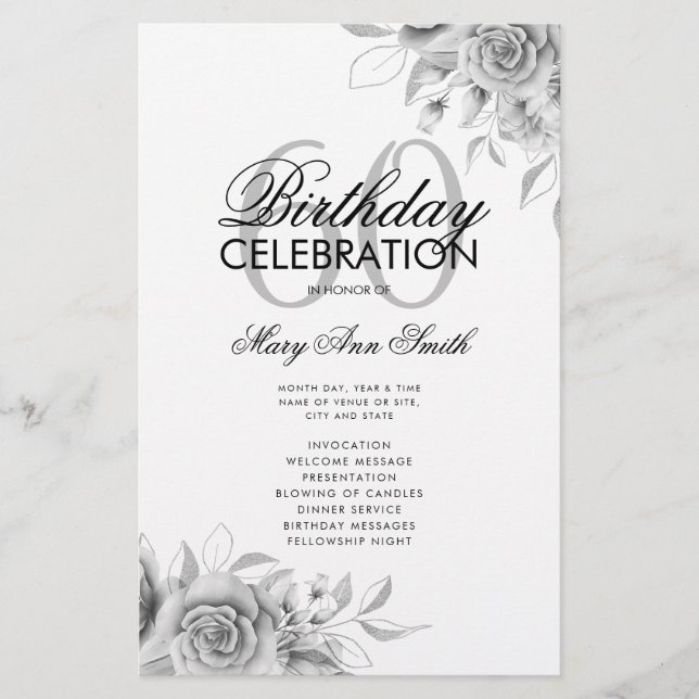 Blommigt 60:e födelsedagsprogrammet Silver w/ Menu Flygblad (Framsidan)