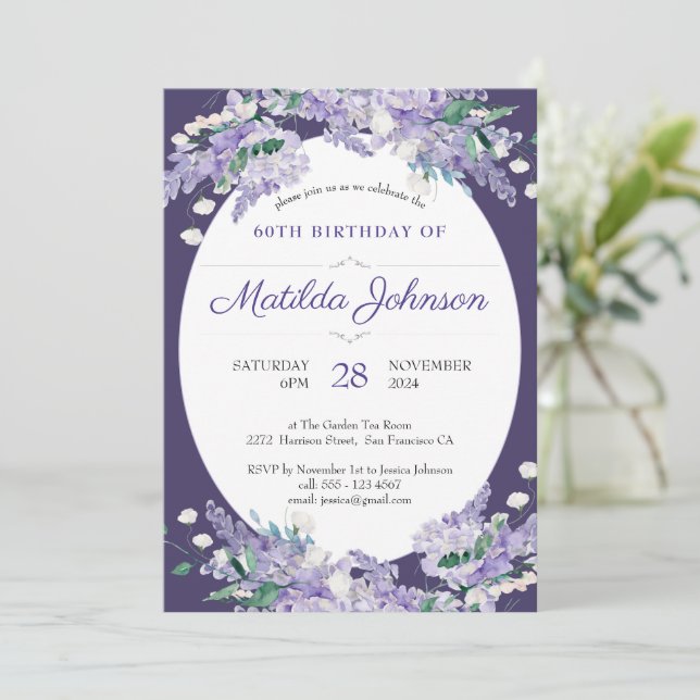 Blommigt 60: Mörkens Lila  Wisteria Elegant Inbjudningar (Stående Fram)