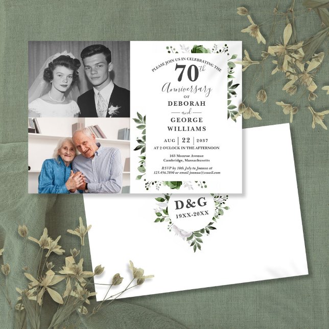 Blommigt 70:e Bröllop-årsdagen då och nu 2 foto Inbjudningar (Floral 70th Wedding Anniversary Then & Now 2 Photo Invitation)