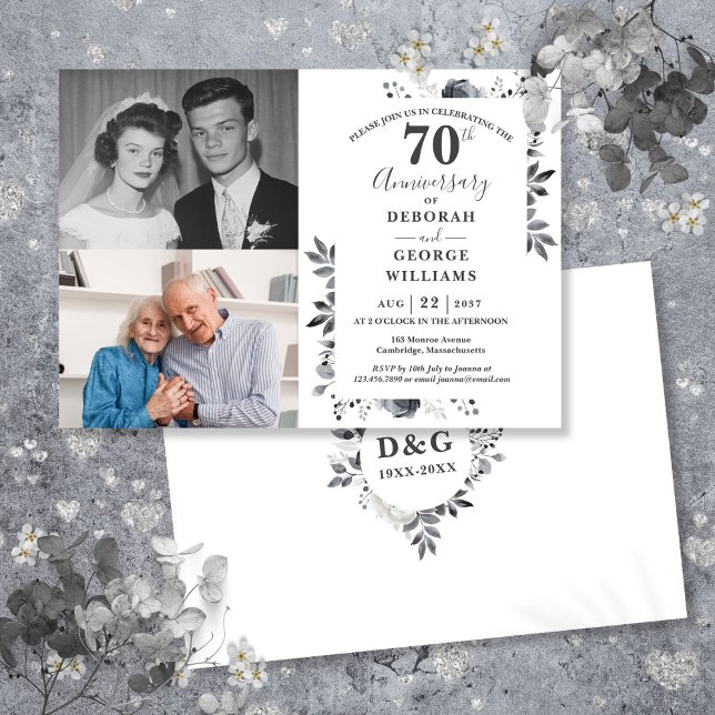 Blommigt 70:e Bröllop-årsdagen då och nu 2 foto Inbjudningar (Floral 70th Wedding Anniversary Then & Now 2 Photo Invitation)