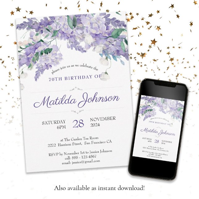 Blommigt 70:e födelsedag Lila Elegant för vattenfä Inbjudningar (Floral 70th Birthday Purple Watercolor Elegant Invitation)