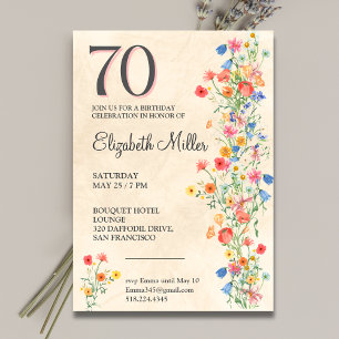 Blommigt 70:e födelsedag Wildblommor 70 år Party Inbjudningar