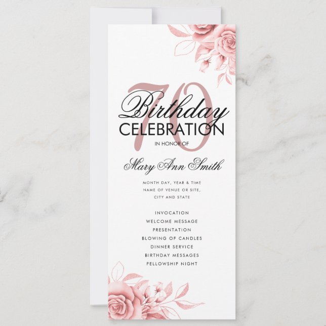 Blommigt 70:e födelsedagsprogrammet Ro Guld Menu Inbjudningar (Framsida)