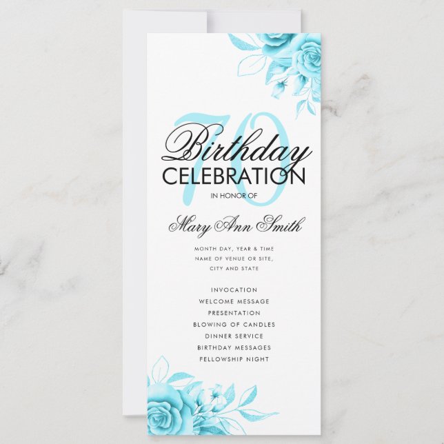 Blommigt 70:e födelsedagsprogrammet Teal w/ Menu Inbjudningar (Framsida)