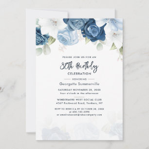 Blommigt 80:e födelsedag Dusty Blue Script Party Inbjudningar