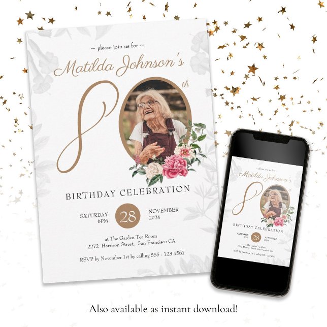 Blommigt 80:e födelsedag svart Guld botaniskt foto Inbjudningar (Floral 80th Birthday Black Gold Botanical Photo Invitation)