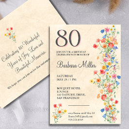 Blommigt 80:e födelsedag Wildblommor 80 år Party Inbjudningar