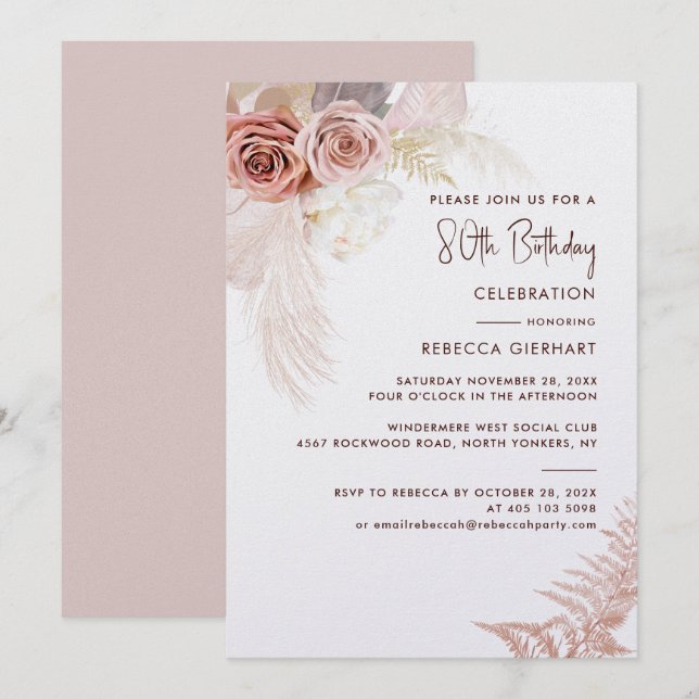 Blommigt 80:e födelsedagen Pampas Grass Party Inbjudningar (Fram/baksida)