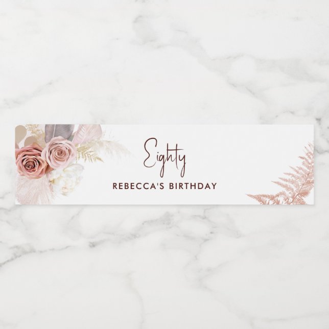 Blommigt 80:e Födelsedagsfesten Pampas Grass Vattenflaskor Etikett (Singel etikett)