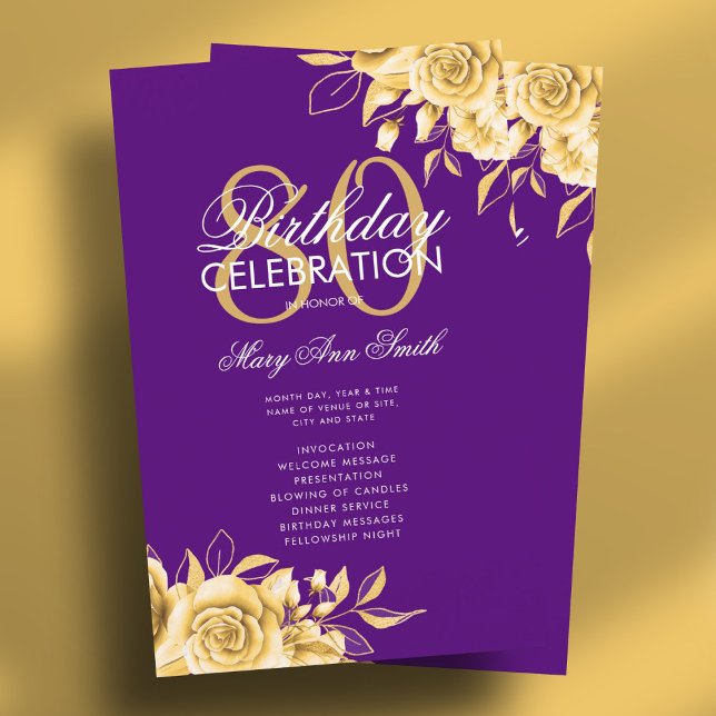 Blommigt 80:e födelsedagsprogrammet Guld & Lila me (Floral 80th Birthday Program Gold & Purple w/ Menu)