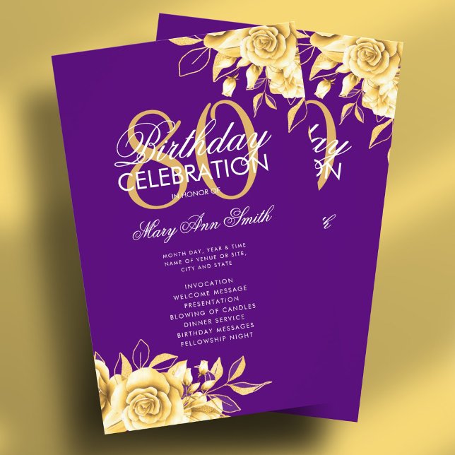 Blommigt 80:e födelsedagsprogrammet Guld & Lila me Flygblad (Floral 80th Birthday Program Gold & Purple w/ Menu Flyer)