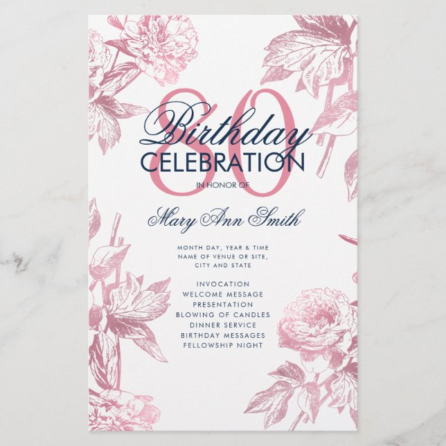 Blommigt 80:e födelsedagsprogrammet Ro Guld Menu Flygblad (Framsidan)