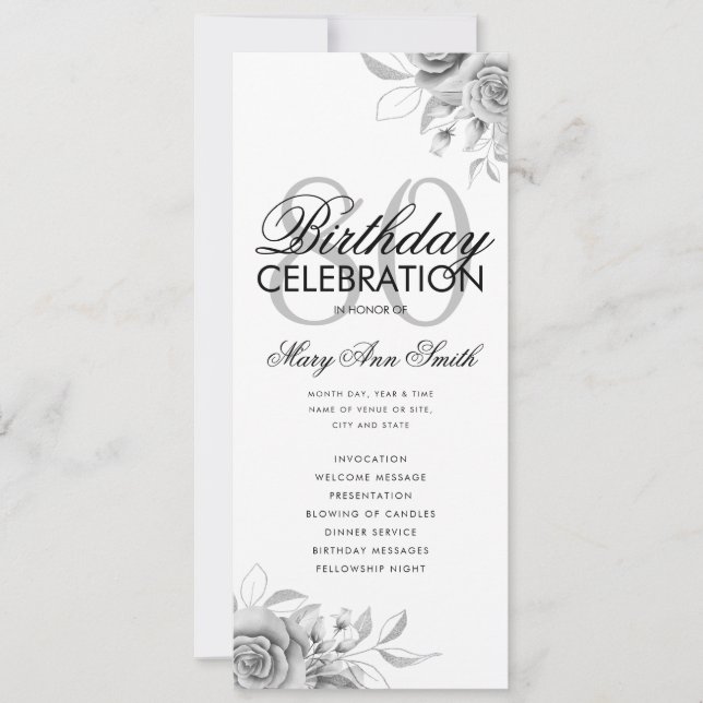 Blommigt 80:e födelsedagsprogrammet Silver w/ Menu Inbjudningar (Framsida)