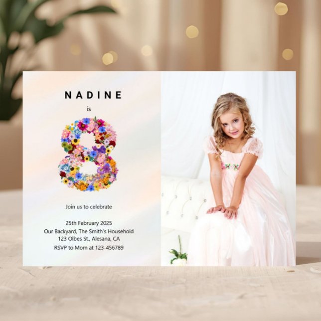 Blommigt 8:e födelsedagsinbjudan Vår Modern Stil Inbjudningar (Spring Floral Themed Birthday Party Invitation, 8th Birthday Photo Invitation, Eight Year Old Girl B)
