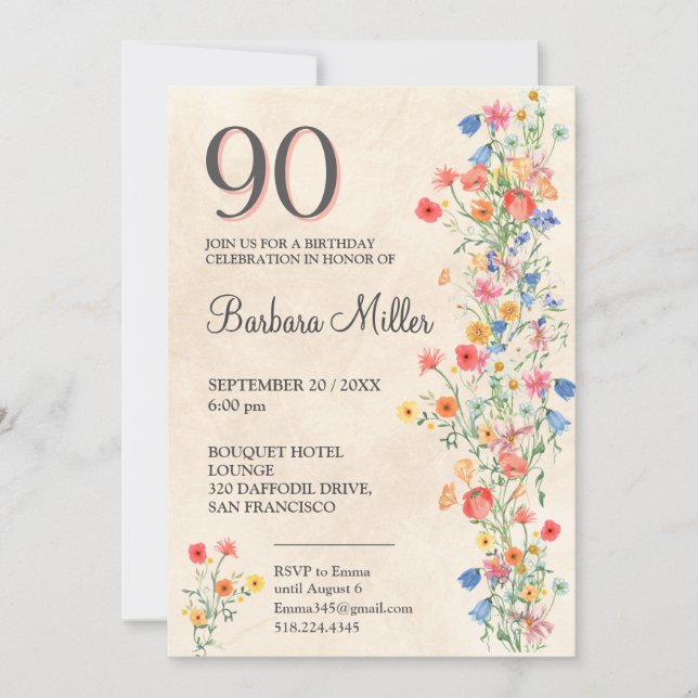 Blommigt 90:e födelsedag - 90 år Party Inbjudningar (Framsida)