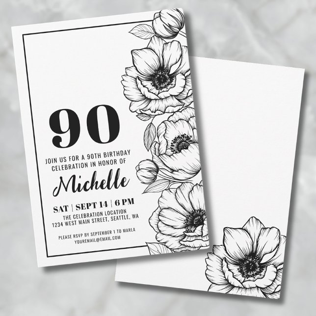 Blommigt 90:e födelsedag inbjudningar (Elegant Floral 90th Birthday Invitation)