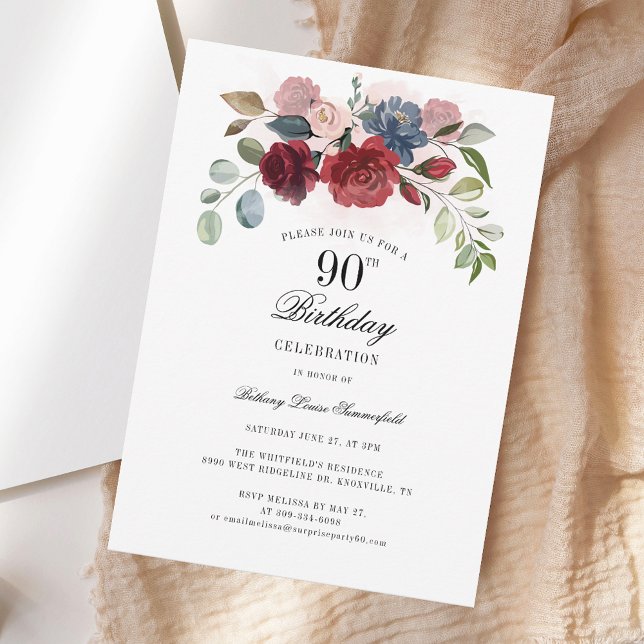 Blommigt 90:e födelsedag Vattenfärg Bloom Party Inbjudningar (Floral 90th Birthday Watercolor Bloom Party Invitation)