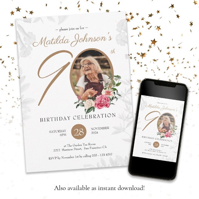 Blommigt 90:e födelsedag Vita Guld Botaniska Anpas Inbjudningar (Floral 90th Birthday White Gold Botanical Custom Invitation)