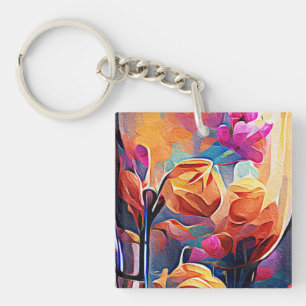 Blommigt Abstrakt Art Orange Red Blåa blommor