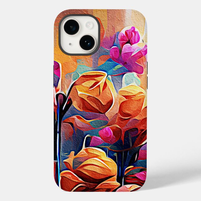 Blommigt Abstrakt Art Orange Red Blåa blommor (Baksida)