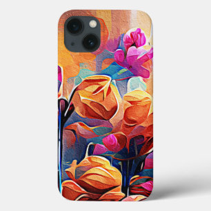 Blommigt Abstrakt Art Orange Red Blåa blommor
