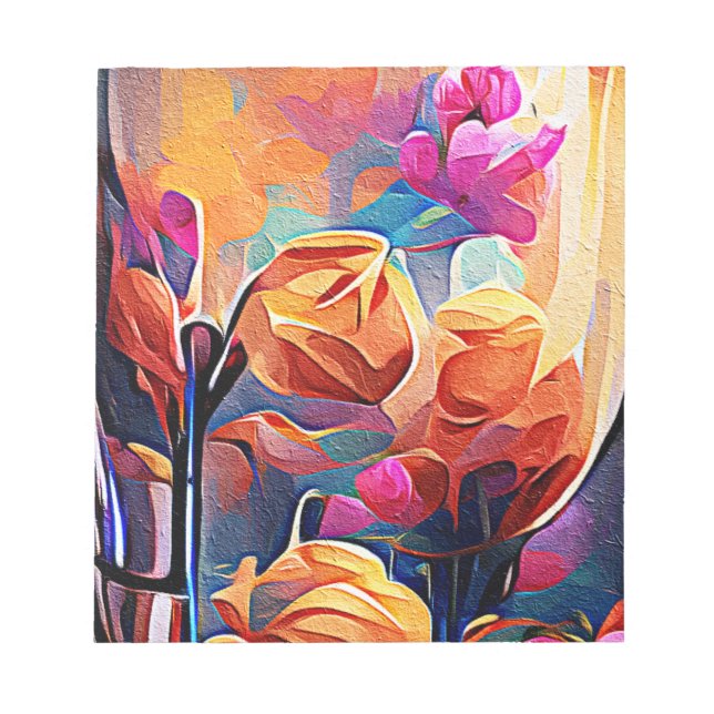 Blommigt Abstrakt Art Orange Red Blåa blommor Anteckningsblock (Framsida)