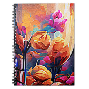 Blommigt Abstrakt Art Orange Red Blåa blommor Anteckningsbok