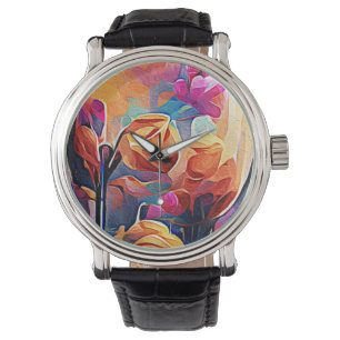Blommigt Abstrakt Art Orange Red Blåa blommor Armbandsur
