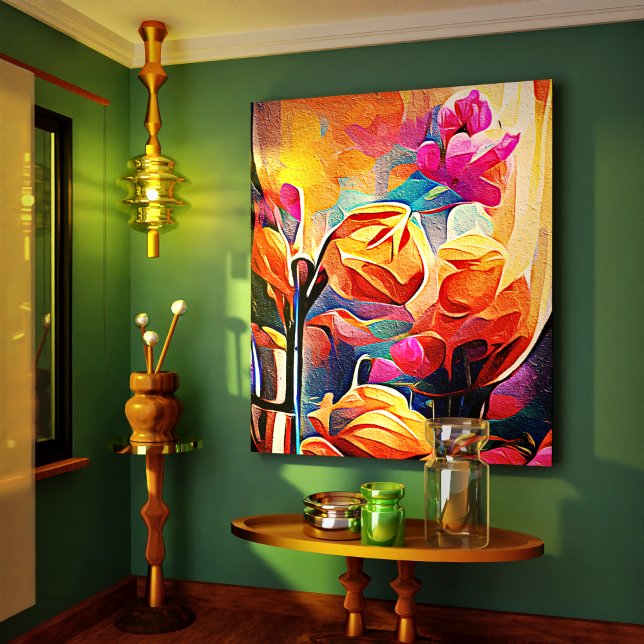 Blommigt Abstrakt Art Orange Red Blåa blommor Canvastryck (Floral Abstract Art Orange Red Blue Flowers Canvas Print)