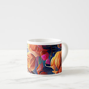 Blommigt Abstrakt Art Orange Red Blåa blommor Espressomugg