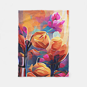 Blommigt Abstrakt Art Orange Red Blåa blommor Fleecefilt