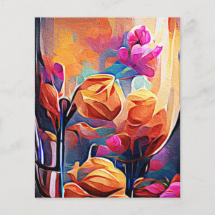 Blommigt Abstrakt Art Orange Red Blåa blommor Flygblad