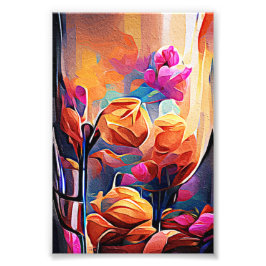 Blommigt Abstrakt Art Orange Red Blåa blommor Fototryck
