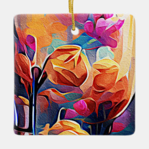 Blommigt Abstrakt Art Orange Red Blåa blommor Julgransprydnad Keramik