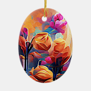 Blommigt Abstrakt Art Orange Red Blåa blommor Julgransprydnad Keramik