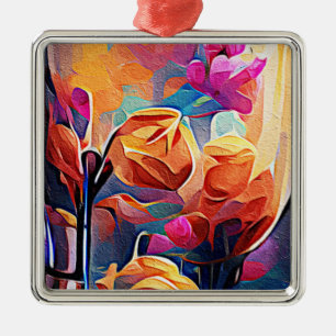 Blommigt Abstrakt Art Orange Red Blåa blommor Julgransprydnad Metall
