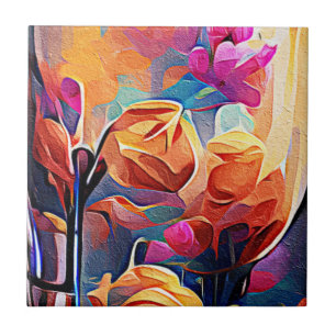 Blommigt Abstrakt Art Orange Red Blåa blommor Kakelplatta
