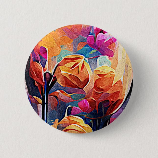 Blommigt Abstrakt Art Orange Red Blåa blommor Knapp (Framsida)