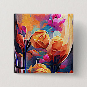 Blommigt Abstrakt Art Orange Red Blåa blommor Knapp