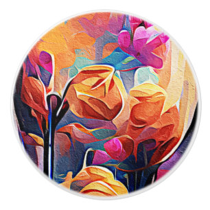 Blommigt Abstrakt Art Orange Red Blåa blommor Knopp