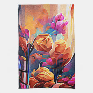 Blommigt Abstrakt Art Orange Red Blåa blommor Kökshandduk