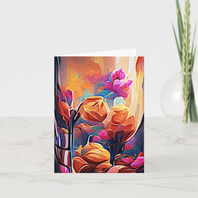 Blommigt Abstrakt Art Orange Red Blåa blommor Kort (Framsida)