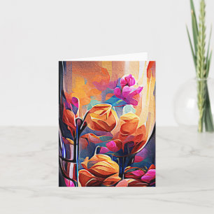 Blommigt Abstrakt Art Orange Red Blåa blommor Kort