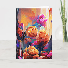 Blommigt Abstrakt Art Orange Red Blåa blommor Kort