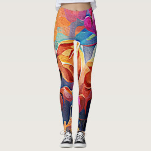 Blommigt Abstrakt Art Orange Red Blåa blommor Leggings