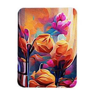 Blommigt Abstrakt Art Orange Red Blåa blommor Magnet
