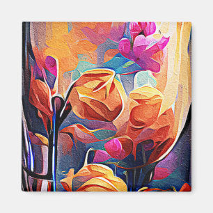 Blommigt Abstrakt Art Orange Red Blåa blommor Magnet