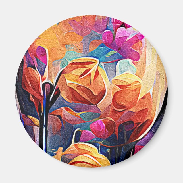 Blommigt Abstrakt Art Orange Red Blåa blommor Magnet (Framsidan)
