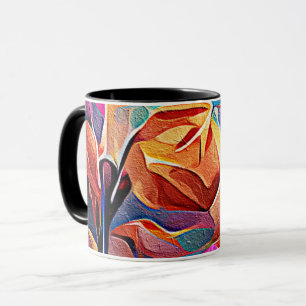 Blommigt Abstrakt Art Orange Red Blåa blommor Mugg
